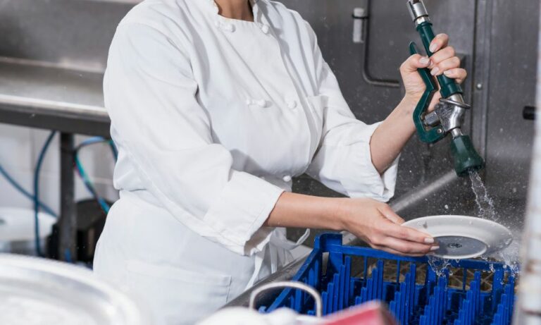restaurant worker washing dishes with hot water thanks to Houston commercial plumber