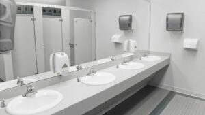 Commercial bathroom with bad odors and clogged vents requiring Houston commercial plumbing repair