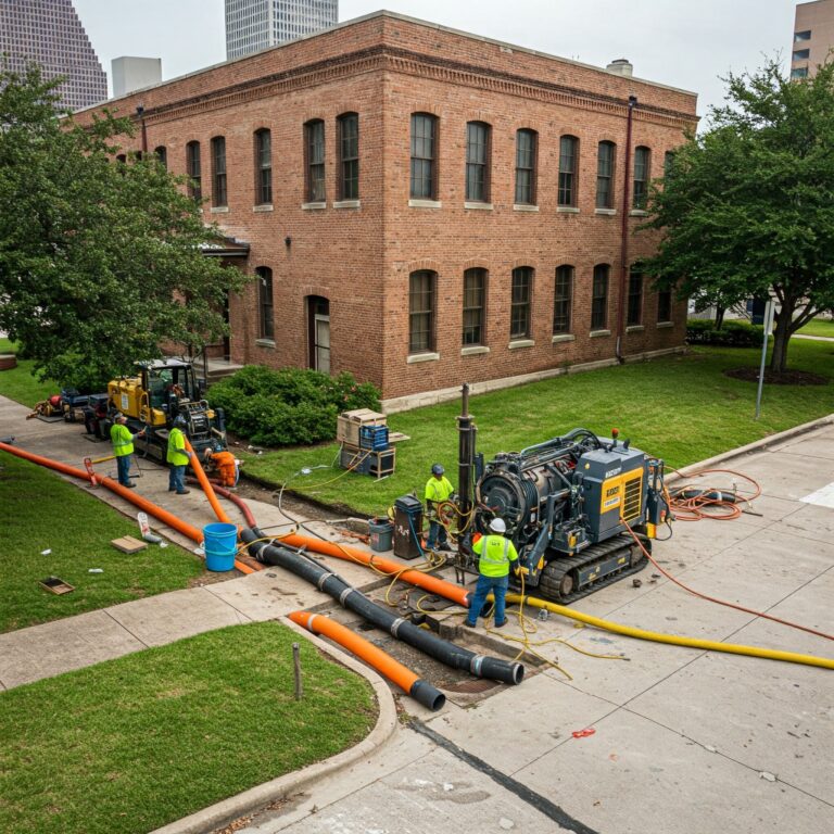 team of Houston commercial plumbers completing sewer repair outside brick building